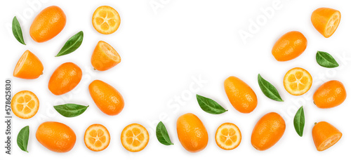 Cumquat or kumquat with half isolated on white background with copy space for your text. Top view. Flat lay