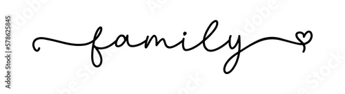 Family. Vector typography text. Inscription for home design, doormat, card, poster, banner, t-shirt. Hand drawn modern calligraphy text - family. Script word design illustration with heart.