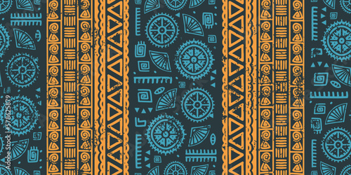 Ethnic stripe seamless ikat pattern. African aztec tribal geometric vector background, colorful boho motif with textured ornament, vector illustration for fashion and Textile print.