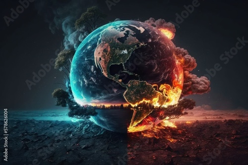 The earth on fire. environmental disasters and war. Global Warming and Climate Change (Generative AI)