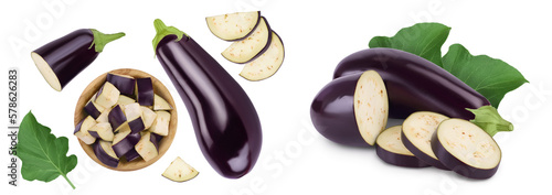Eggplant or aubergine in wooden bowl isolated on white background. Top view, flat lay