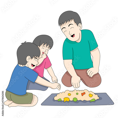 poor family father and children are happy enjoying a simple meal together
