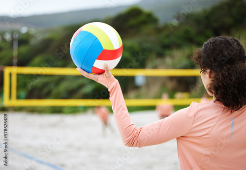 Volleyball, beach body or hand of girl playing a game in training or team workout in summer together. Sports fitness, zoom or healthy woman on sand ready to start a fun competitive match in Brazil