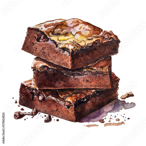 Sweet and Fudgy Brownies in Watercolor Paintings. Generative AI
