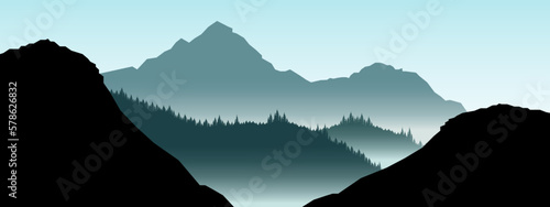 Silhouette of misty fog mountains forest woods in the morning, mountain landscape panorama background illustration icon vector for logo