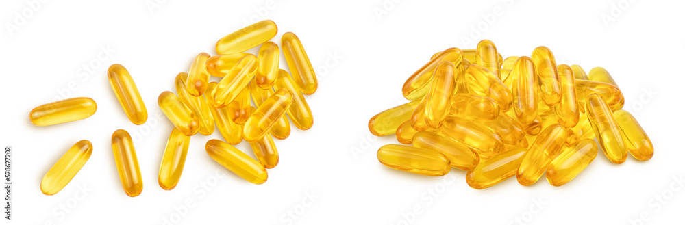 Fish oil capsules isolated on white background with full depth of field. Top view. Flat lay