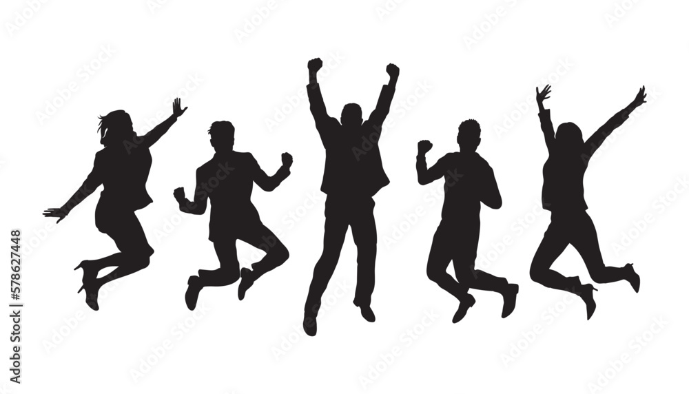 Business team jumping together silhouette vector.