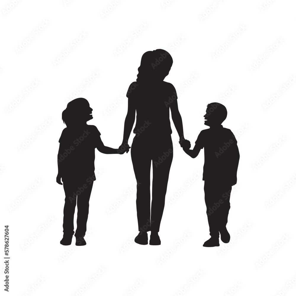 Woman walking with two kids vector silhouette. Single mother walking two kids silhouette.