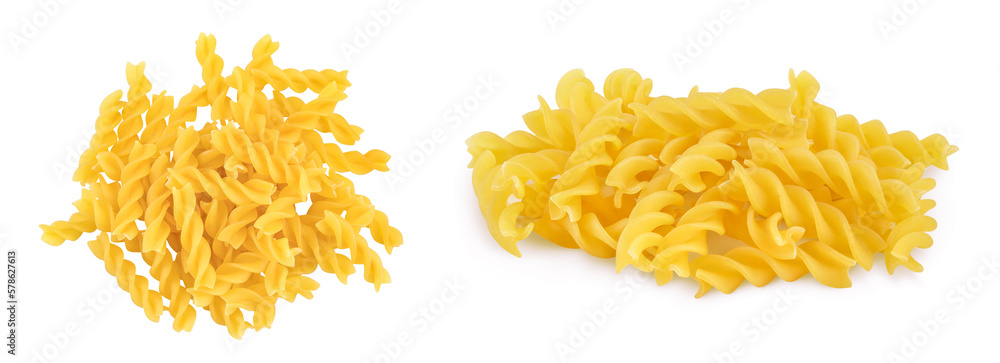 raw Fusilli pasta, isolated on white background with full depth of field. Top view. Flat lay raw Fusilli pasta, isolated on white background with full depth of field. Top view. Flat lay