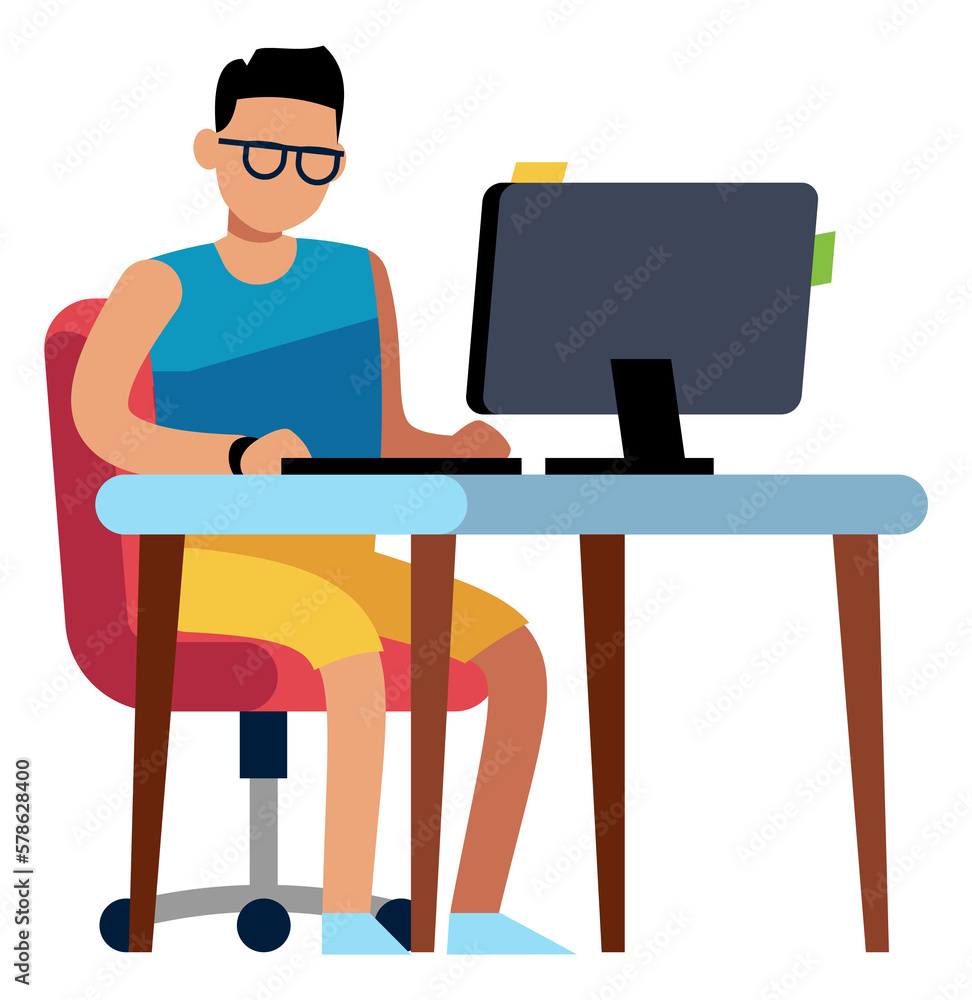 Man sitting at desk. Guy working on computer. Remote office icon Man sitting at desk. Guy working on computer. Remote office icon