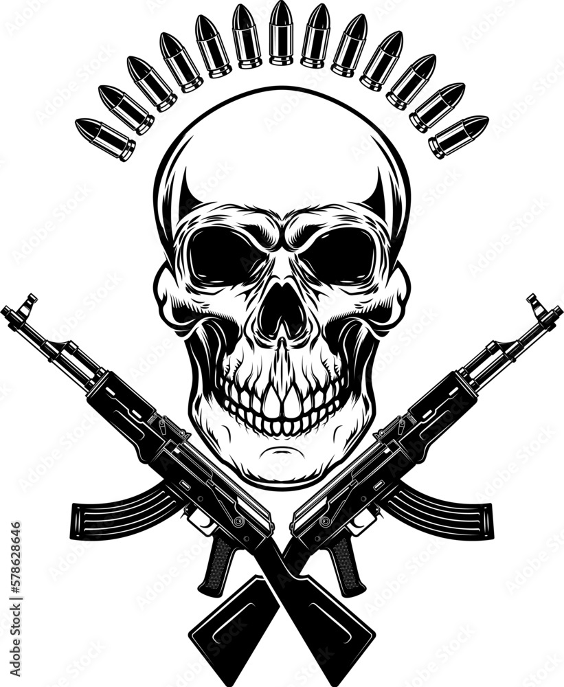 Illustration of the skull with crossed assault rifles. Design element ...
