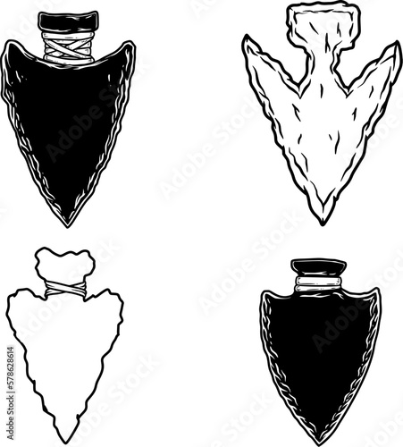 Set of Illustration of stone arrowhead. Design element for poster, card, banner, logo, emblem. Vector illustration