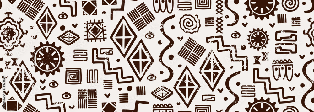 Geometric tribal seamless pattern, vector illustration of hand drawn ethnic drawing. African maya ornamnets. Good for fashion textile print.Rug and grunge rustic handmade.