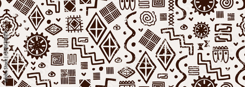 Geometric tribal seamless pattern, vector illustration of hand drawn ethnic drawing. African maya ornamnets. Good for fashion textile print.Rug and grunge rustic handmade.