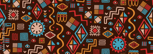 African tribal seamless pattern drawing, Doodle elements symbol, ethnic aztec geometric design. Maya border handycraft with colorful decoration. Vector illustration for ancient print and textile.