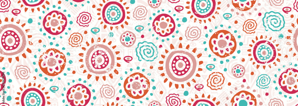 Hand drawn colorful circle drawing seamless pattern, vector ethnic pink pastel colors.