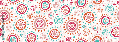 Hand drawn colorful circle drawing seamless pattern, vector ethnic pink pastel colors.