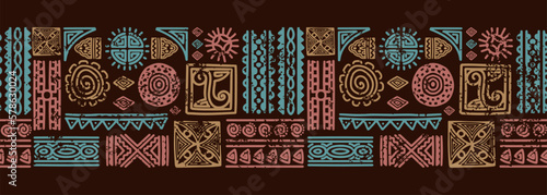 Hand drawn african tribal abstract seamless pattern, ethnic background, afro mexican border in brown background. Grunge rustic retro doodle style. Vector illustration for fashion textile print.