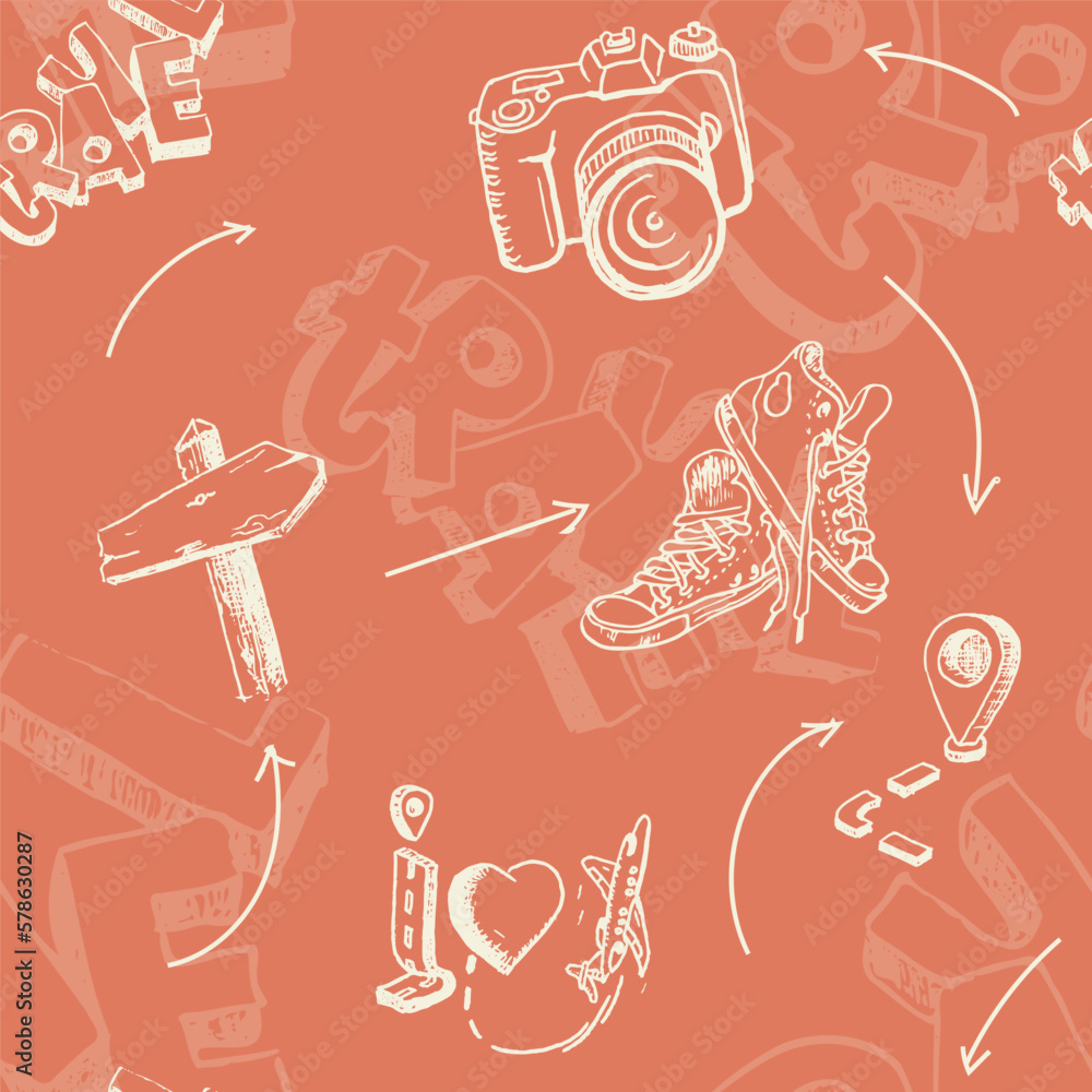 A seamless pattern with hand-drawn symbols of travel, vacation and adventure. A seamless pattern with hand-drawn symbols of travel, vacation and adventure.