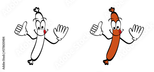 Cartoon bratwurst, hot dog, sausage on fork. Fast food icon. Sausages logo. Barbecuing, bbq snacks symbol. Junk foods. Yummy smile with tongue lick or licking, laugh symbol.