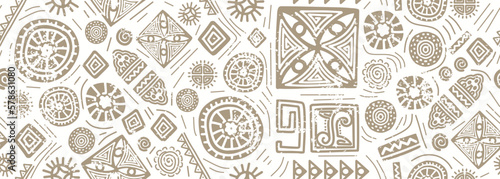 Hand drawn african seamless pattern, tribal motifs vector illustration. Mexican texture with retro doodle ornaments. Abstract decoration with traditional creative artwork. Inca symbols pastel colors.