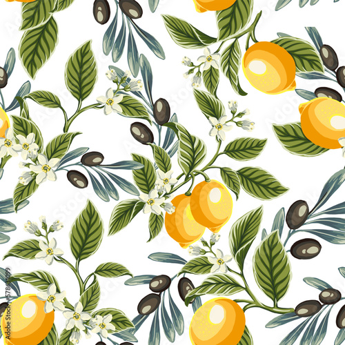 lemon slices, olives and olive branch Set of hand drawn botanica Lemon seamless pattern . Lemons and olives colorful pattern in hand drawn doodle style. Perfect for fabric prints, ceramic, fashion des