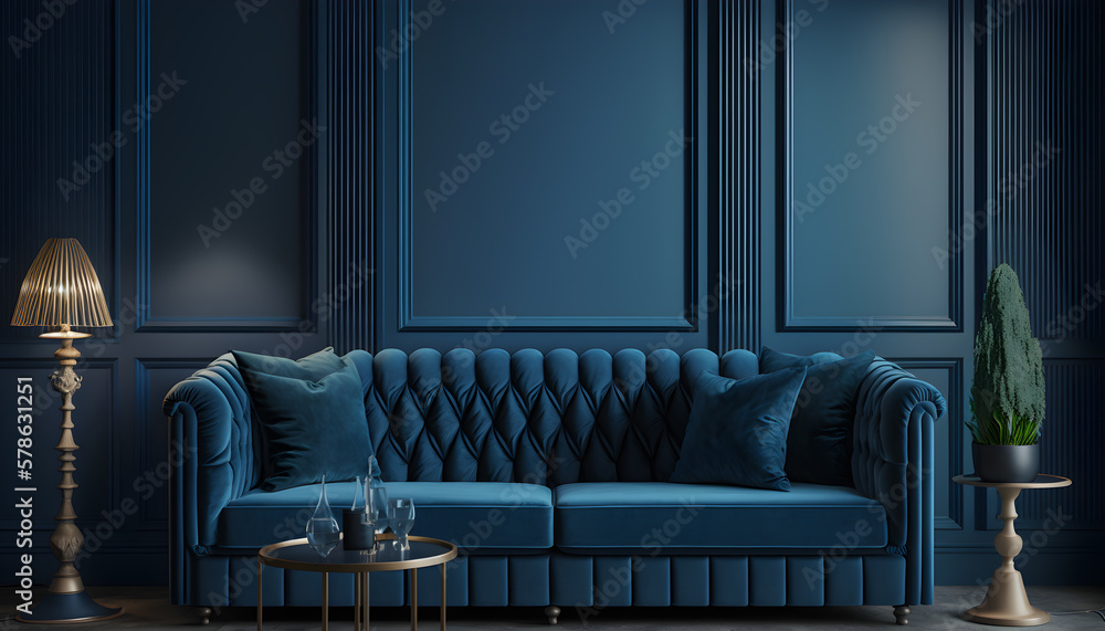Premium living room in blue tones trend. Empty wall for art blank