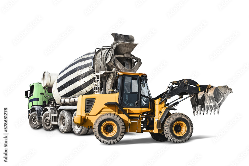 Concrete mixer truck and bulldozer loader close-up on a white isolated background.Construction equipment. element for design. Rental of construction equipment. delivery of concrete. Concrete mixer truck and bulldozer loader close-up on a white isolated background.Construction equipment. element for design. Rental of construction equipment. delivery of concrete.