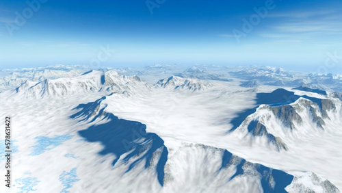 Breathtaking Aerial View of Snow-Capped Mountains Against Blue Sky. Winter Wonderland, Alpine Beauty.