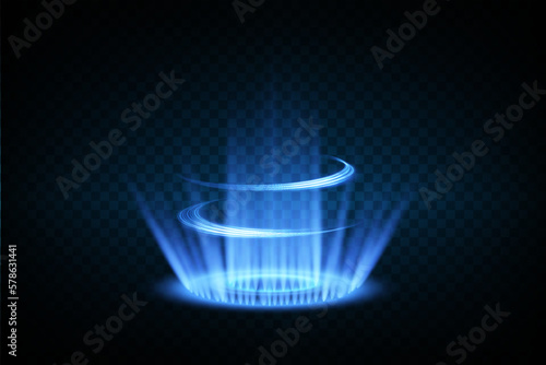 Magic fantasy portal. Futuristic teleport. Light effect. Blue rays of a night scene with sparks on a transparent background. Vector