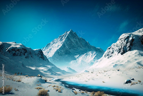 Snow-Covered Mountains Against Sky Blue. Winter Charm  Alpine Landscape.