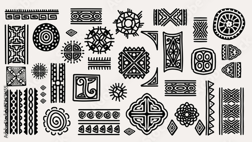 Tribal hand drawn motif set. Vector illustration objects. Abstract symbol element drawing. Black and white colors, Easy to change the color.