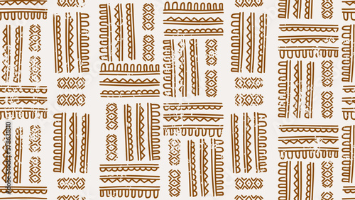 seamless african doodle stripes drawing pattern, Vector hand drawn brown on white background, texture old ornament decoration.
