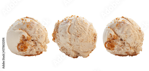 Lotus biscuit vanilla three scoops gelato ice cream in different angles and textures. 