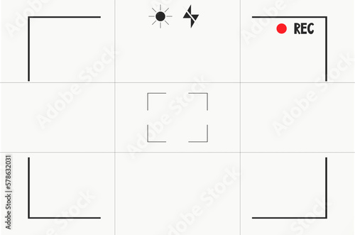 Video camera viewfinder overlay template, interface. Photo focus screen. Recording or snapshot digital display cam, capture videography