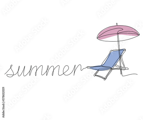 the inscription "Summer" and a chaise longue with an umbrella from the sun on the beach Continuous One Line Drawing