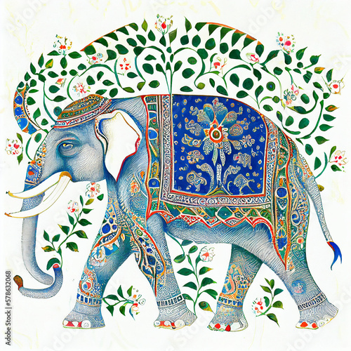 pattern Mughal peacock elephant painting on white background with AI Generative Technology