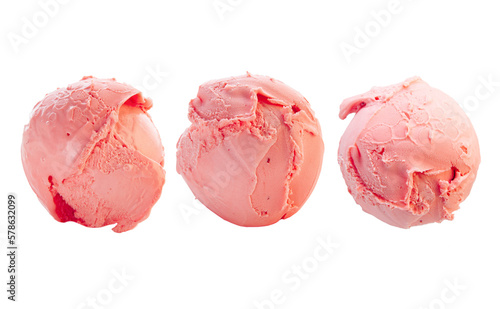 Strawberry gelato ice cream scoop in different angles and textures. 