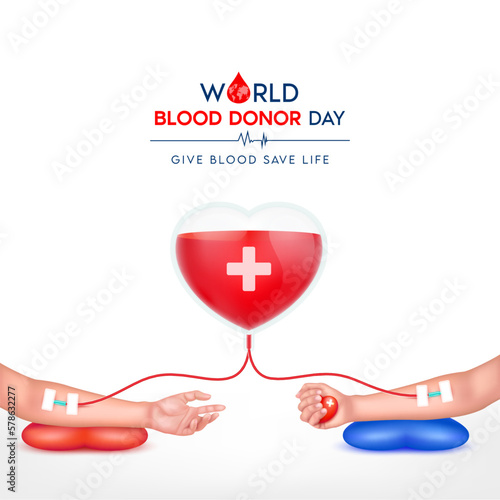Saline bag in heart shape red with hand giver and recipient to donate blood on white background. Give blood save life. Medical concept, World blood donor day June 14. 3D Vector EPS10 illustration.