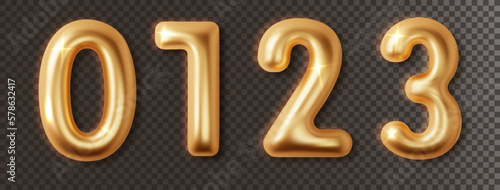 Golden chrome numbers set 3d realistic. Metal golden glossy font number 1,2,3,0. Decoration for banner, cover, birthday or anniversary party invitation design.