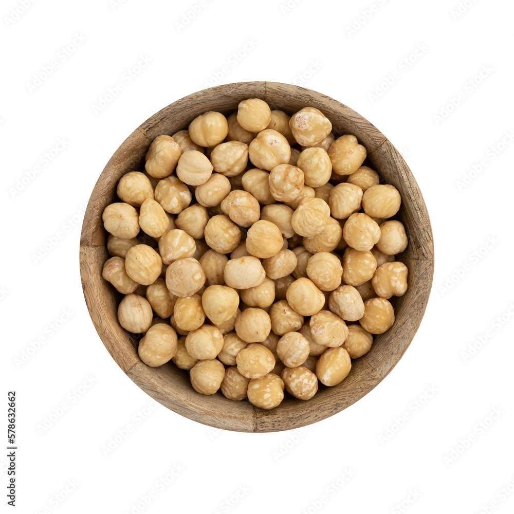 roasted hazelnuts in wooden bowl, crisp toasted nuts of hazel, shelled whole seeds of cobnuts or filbert nuts, macro food photo, close up from above isolated on white background roasted hazelnuts in wooden bowl, crisp toasted nuts of hazel, shelled whole seeds of cobnuts or filbert nuts, macro food photo, close up from above isolated on white background