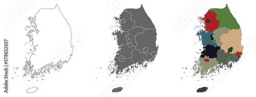 South Korea map set with gray and multicolor. PNG.