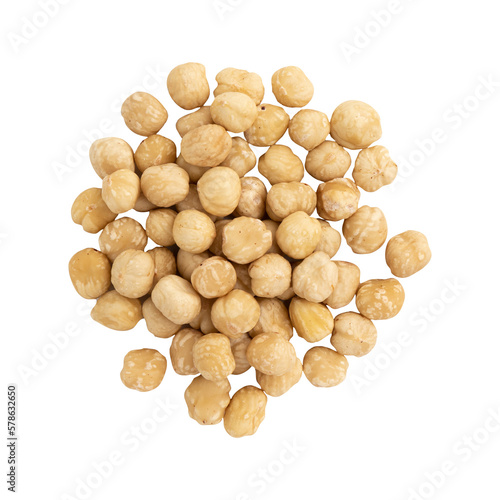 heap of roasted peeled hazelnuts isolated on white background, top view, concept of healthy breakfast, vegan food