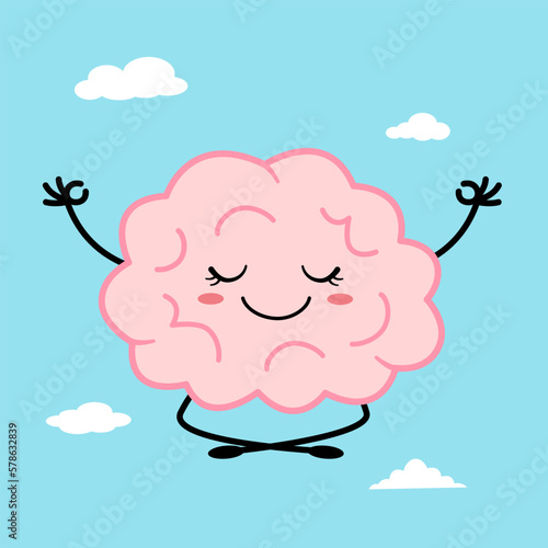 Cute brain meditating cartoon character in flat design. Mental health. Mindfulness.
