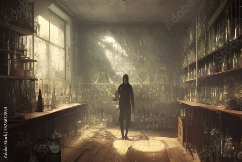 Alchemist lab. A strange and creepy cabinet of curiosities filled with lots of bottles and glass jars. CG Artwork Background. AI generated digital illustration © Irina B