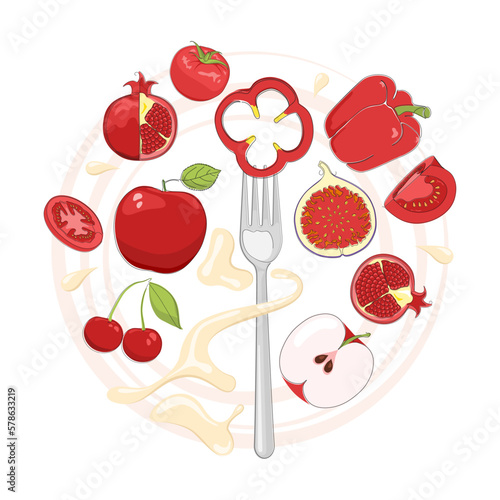 Fresh red vegetables and fruits and fork with bell pepper  vector illustration. Healthy food  vegan diet.