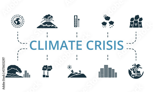 Climate crisis set. Creative icons: changes orbit, vulcanism, temperature rise, weather, nuclear plant, tsunami, carbon dioxide, desert, big city, climate change.