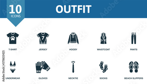 Outfit set. Creative icons: t-shirt, jersey, hoody, waistcoat, pants, underwear, gloves, necktie, socks, beach slippers.