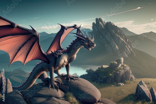 A dragon perched on a rocky outcropping overlooking a vast mountain range. Dragon Mountain. Dragon Art. Dragon Illustration. Dragon Artwork. Generative AI. © Supanut