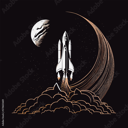 Rocket launch, graphic contour line drawing of rocket taking off into space against background of black sky with stars and moon. Space travel, interplanetary flights, new discoveries mission flight
